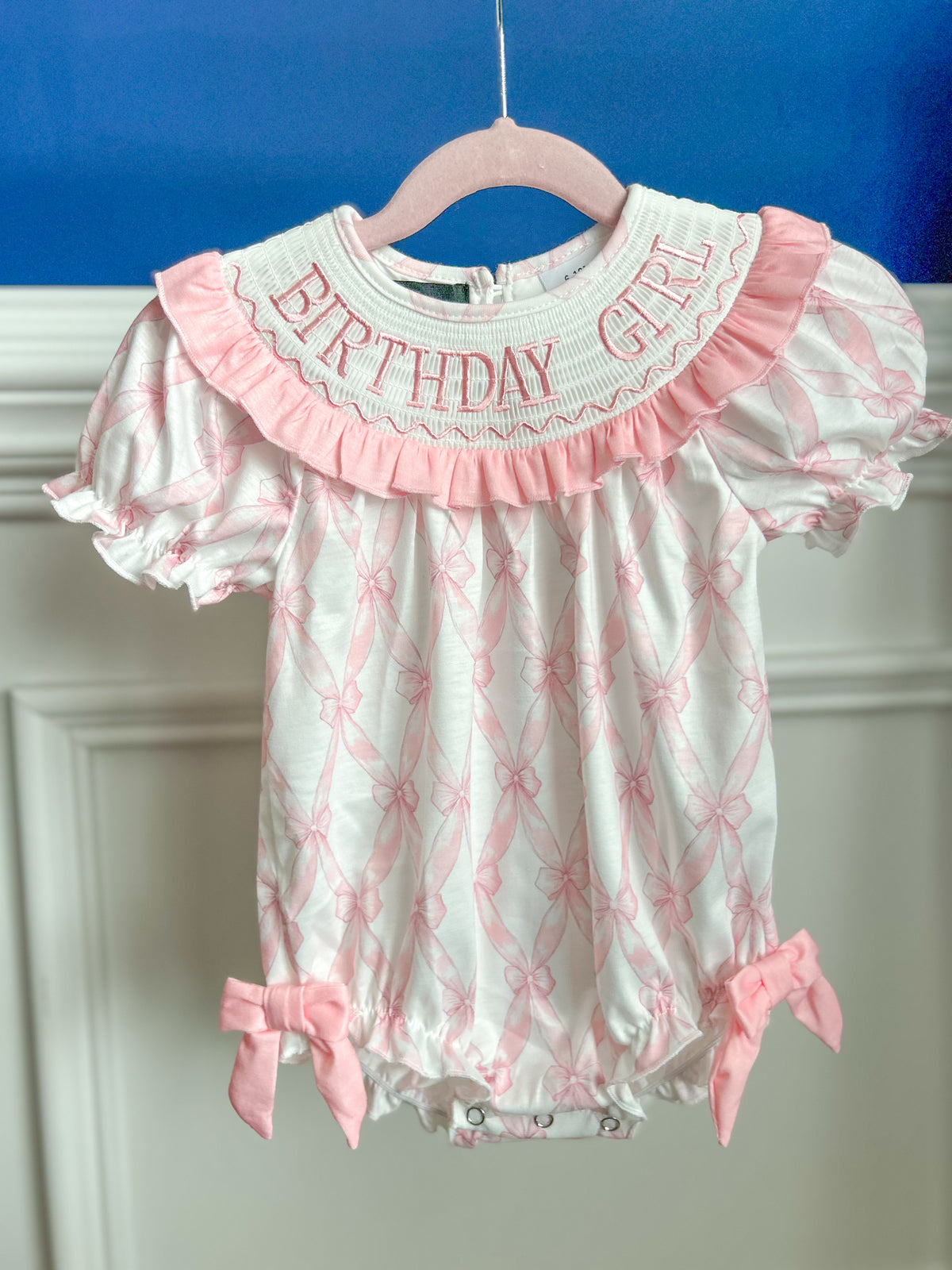 Machine Smocked Light Pink Bow BIRTHDAY GIRL bubble - Short sleeve