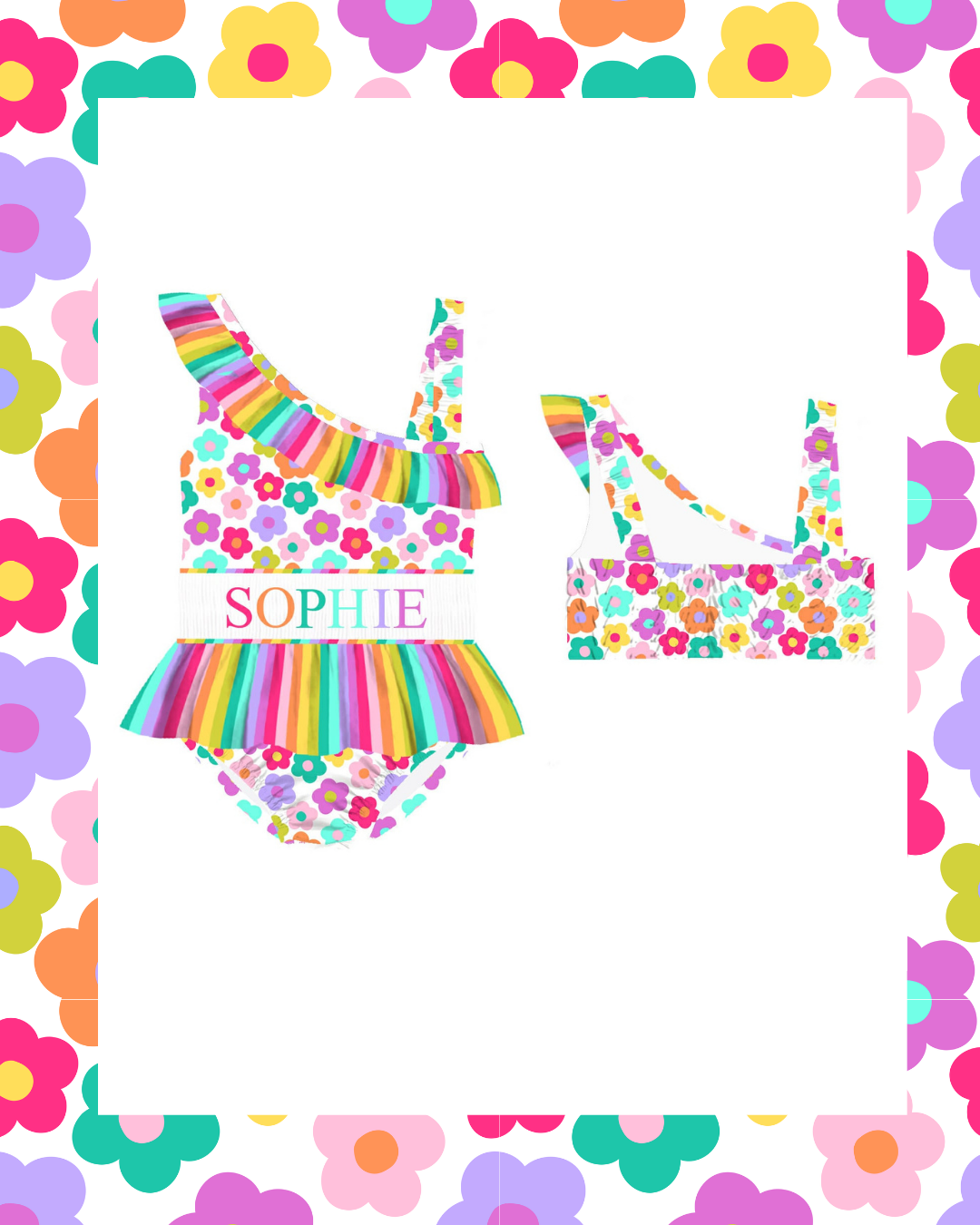 Preorder - Custom Name Multi Colored Flower One Piece Swim (Ships from CT to customers early March)