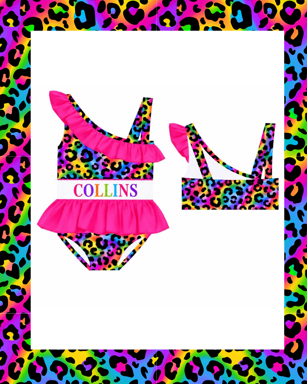 Preorder - Custom Name Multi Colored Leopard One Piece Swim (Ships from CT to customers early March)