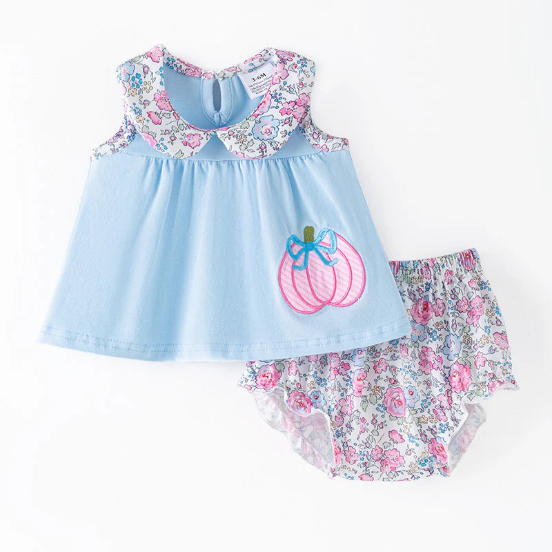 Blue pumpkin appliqué diaper set