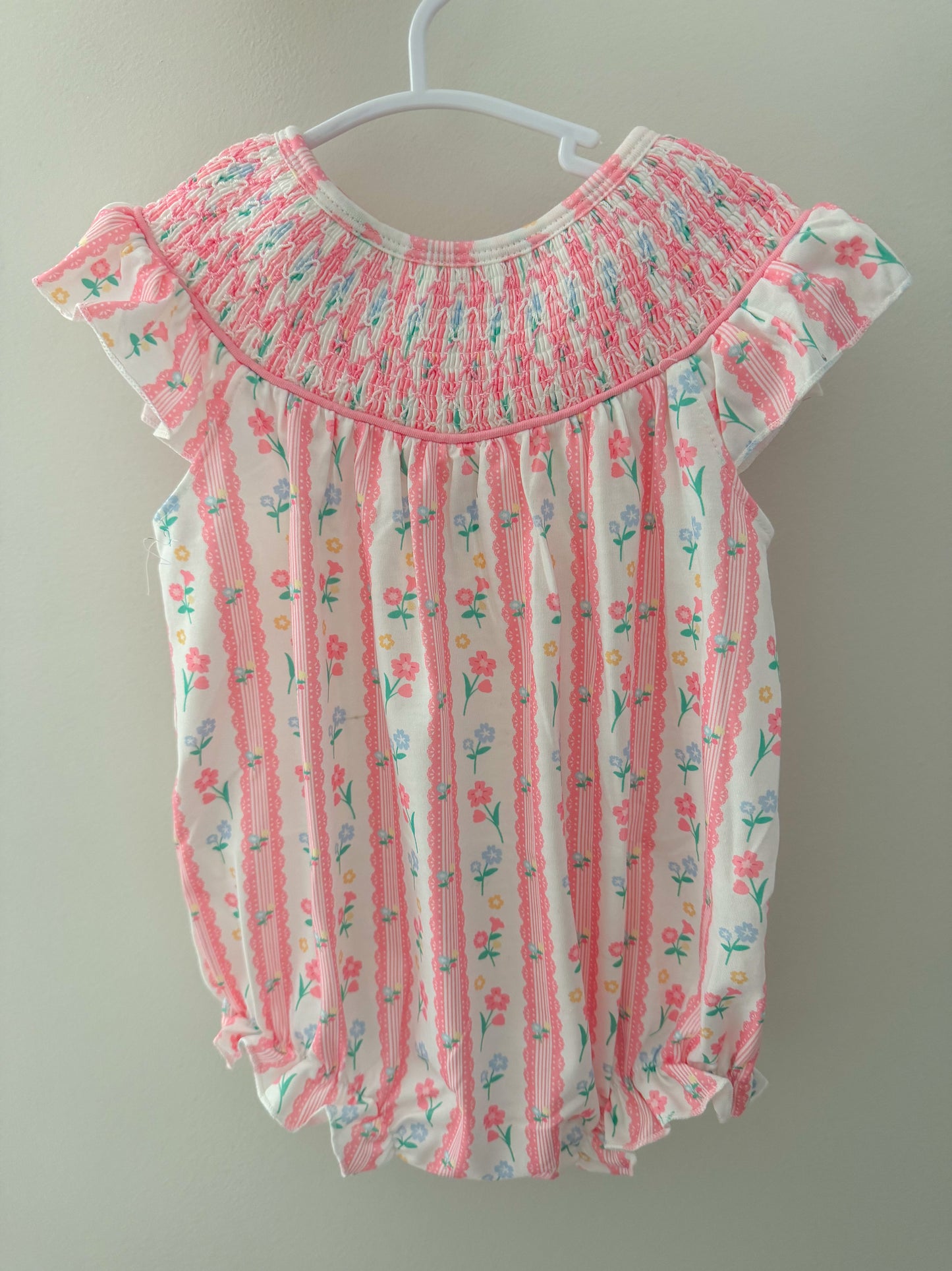 Pink floral machine smocked bubble