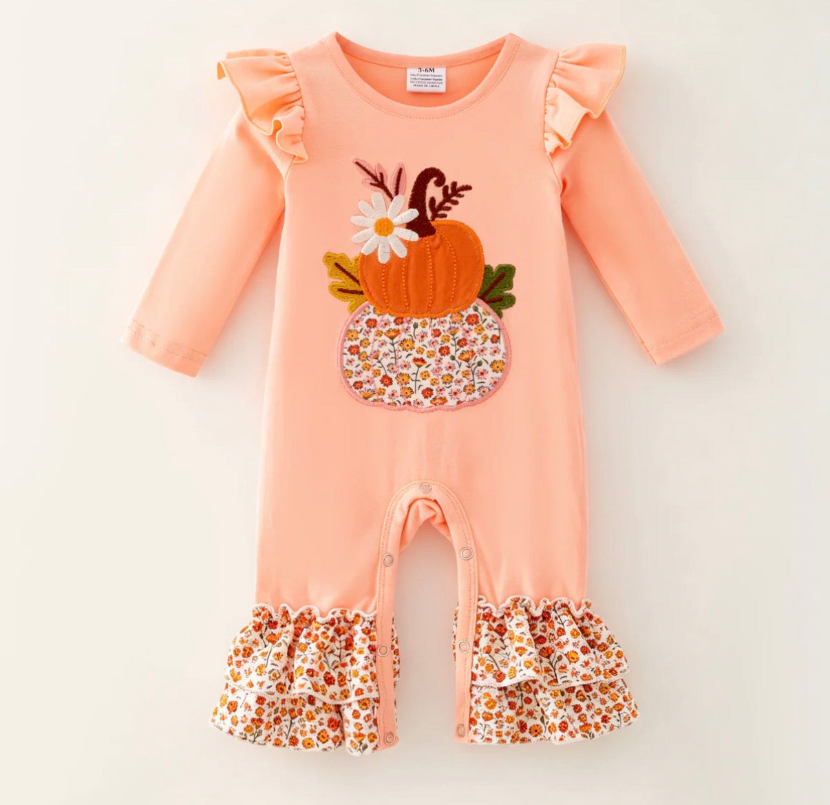 Fall floral appliqué pumpkin pant romper