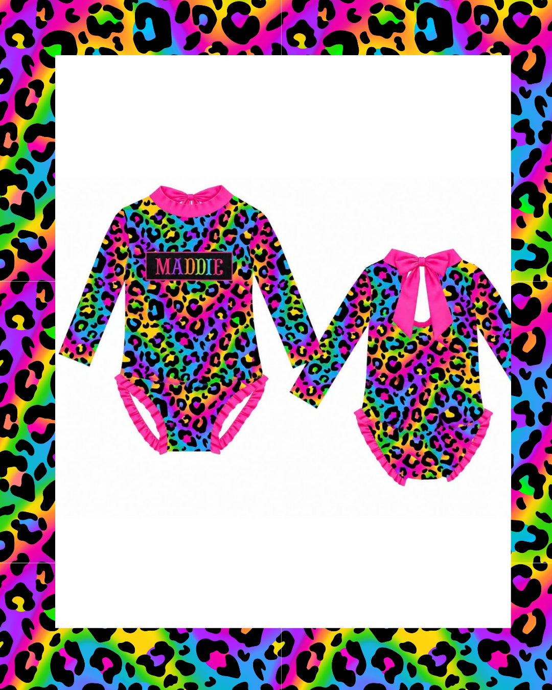 Preorder - Custom Name Multi Colored Leopard One Piece Long Sleeve Swim (Ships from CT to customers early March)