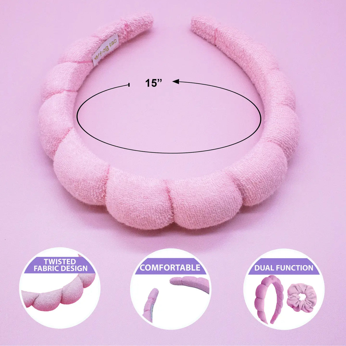 Spa Headband - Skincare Headband & Scrunchie Wristband Set LIGHT PINK