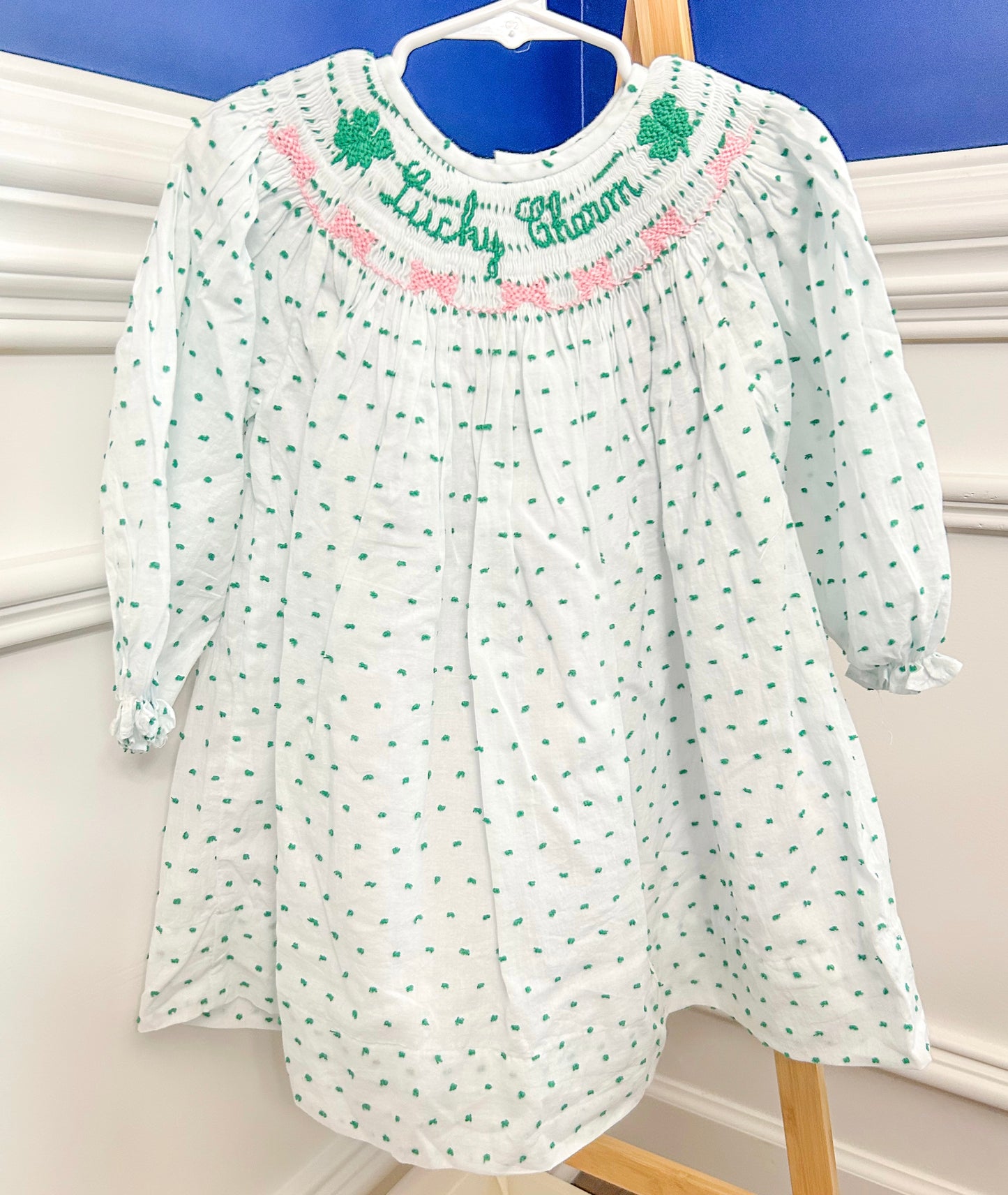 Hand Smocked Swiss Dot Lucky Charm Dress
