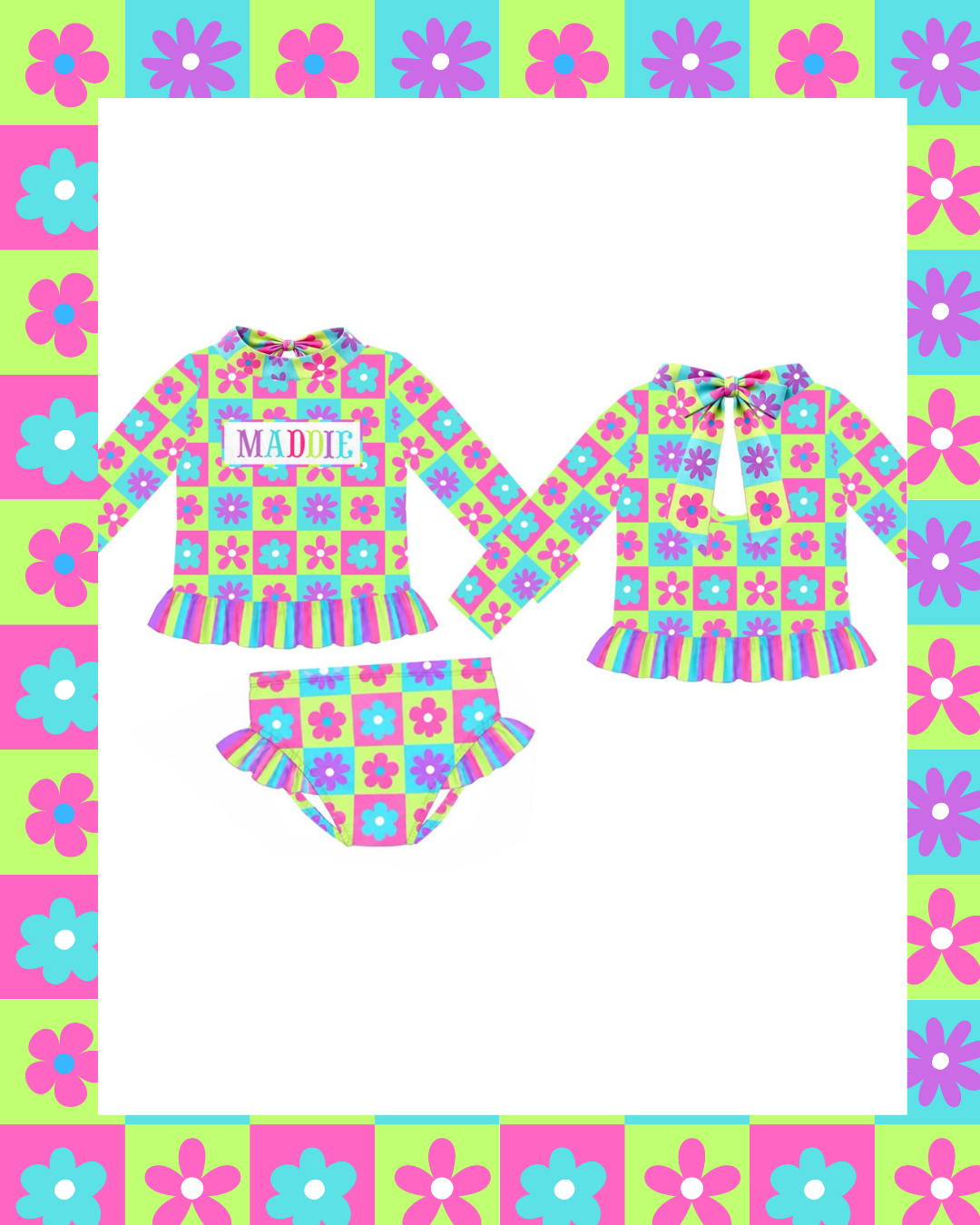 Preorder - Custom Name Checkered Flower Two Piece Long Sleeve Swim (Ships from CT to customers early March)