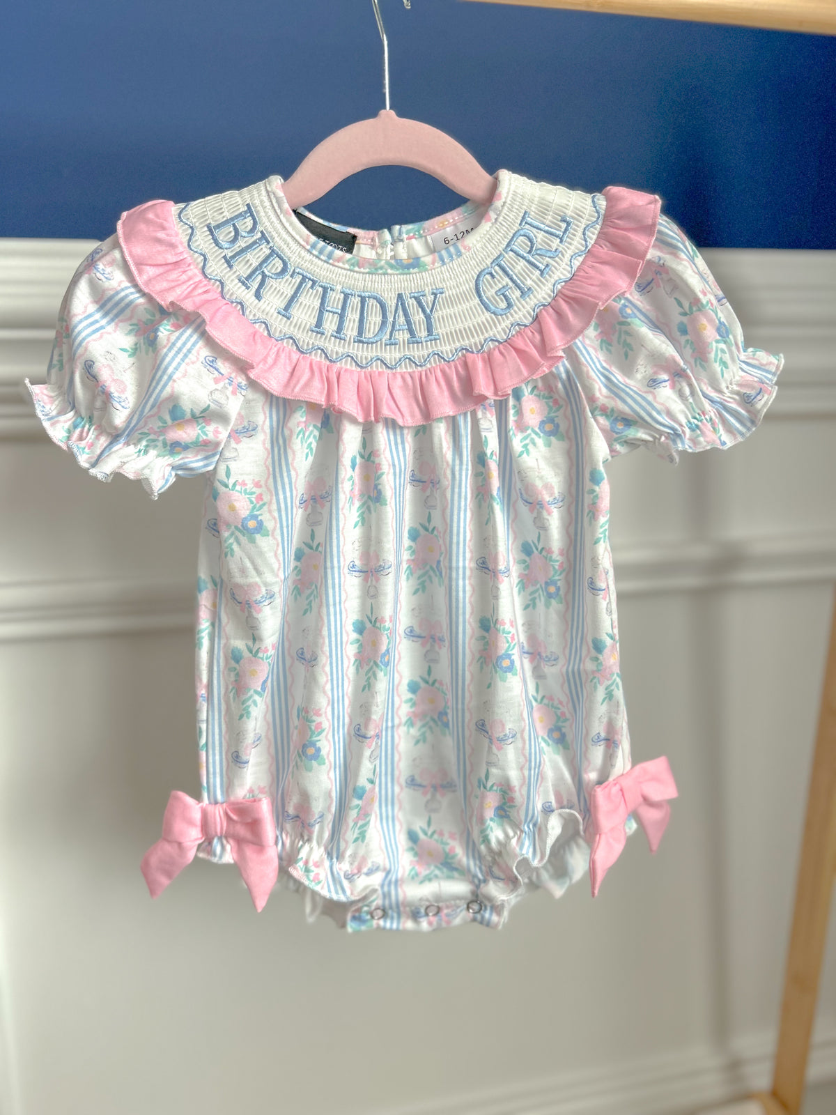 Machine Smocked Pink/Blue BIRTHDAY GIRL bubble - short Sleeve