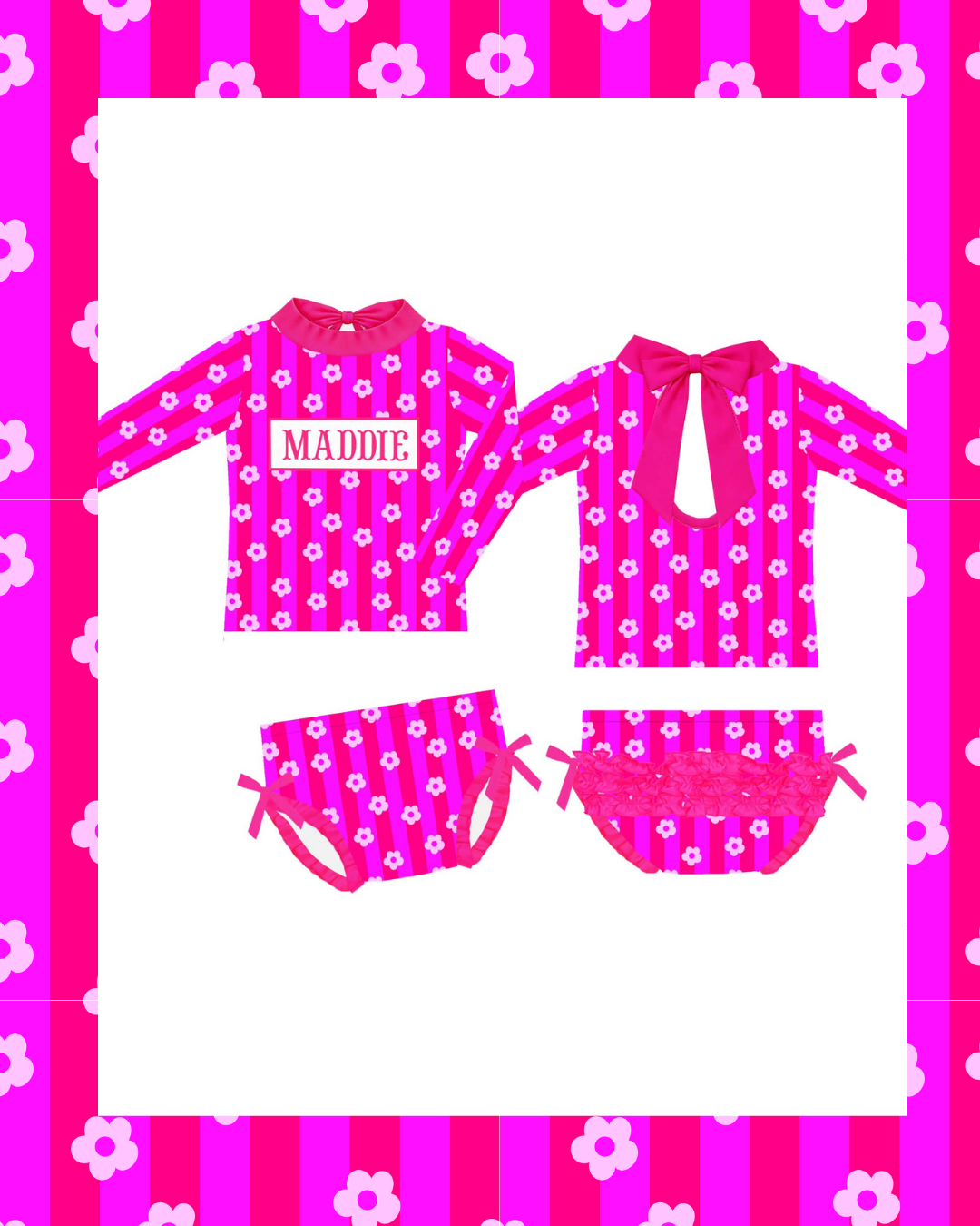 Preorder - Custom Name Pink Stripe Flower Two Piece Long Sleeve Swim (Ships from CT to customers early March)