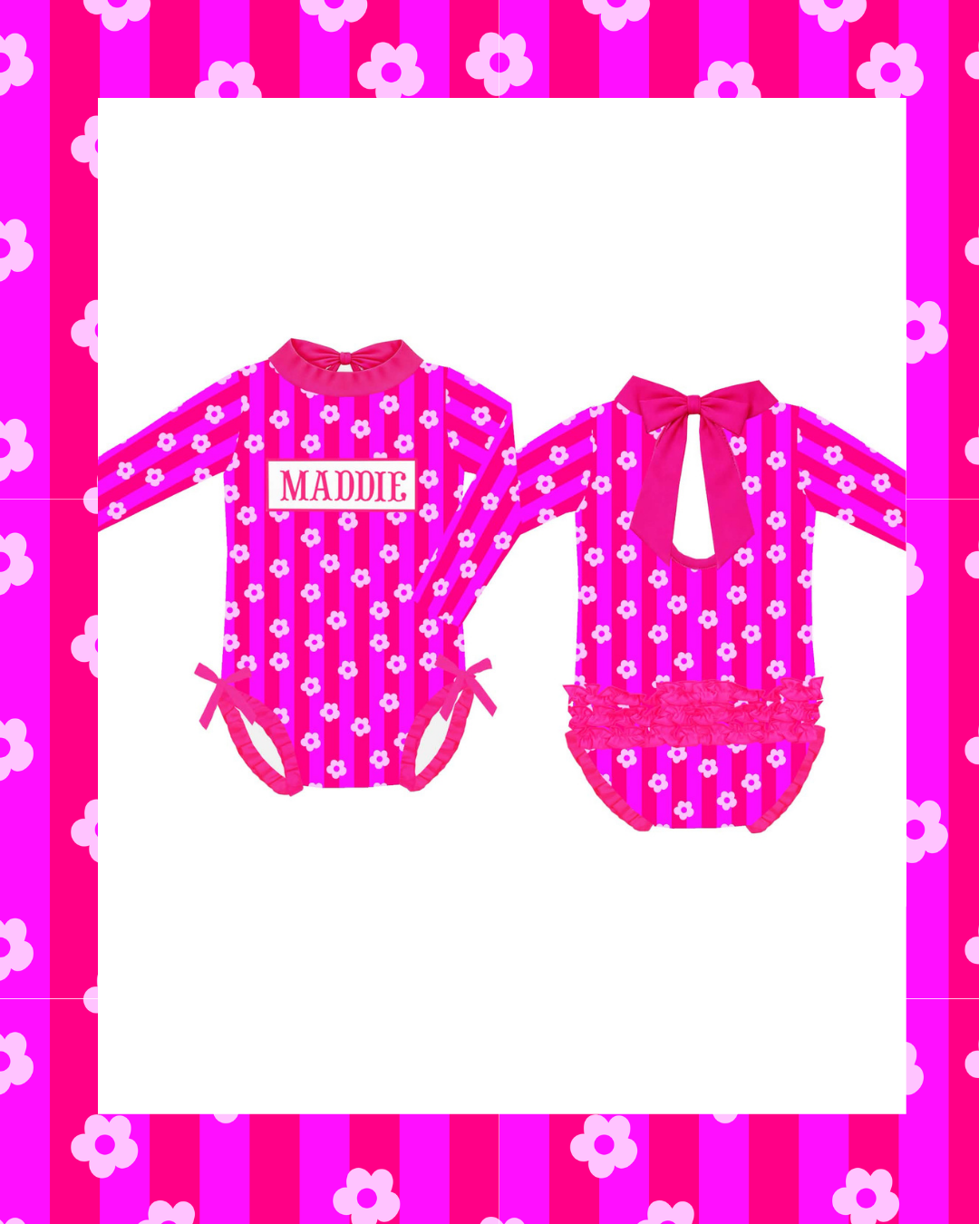 Preorder - Custom Name Pink Stripe Flower One Piece Long Sleeve Swim (Ships from CT to customers early March)