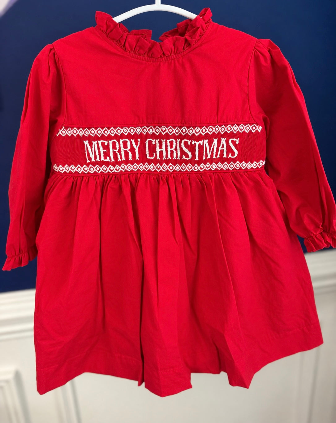 Red Hand Smocked MERRY CHRISTMAS Dress with pearls