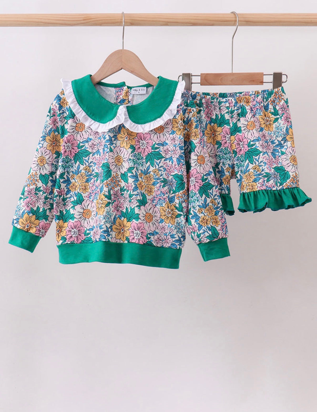 Green Floral Ruffle Short set