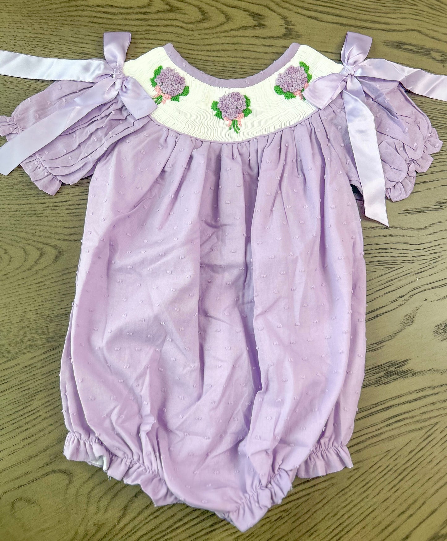 Purple Hand Smocked Swiss Dot Flower Bubble