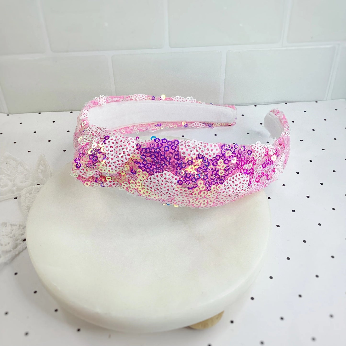 Pink Heart Sequin Top Knot Head Band