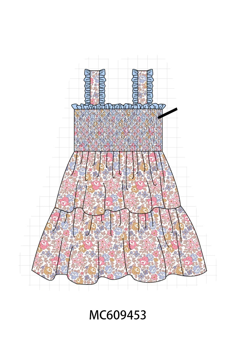 Preorder - Blue Floral Smocked Dress / Ships early April