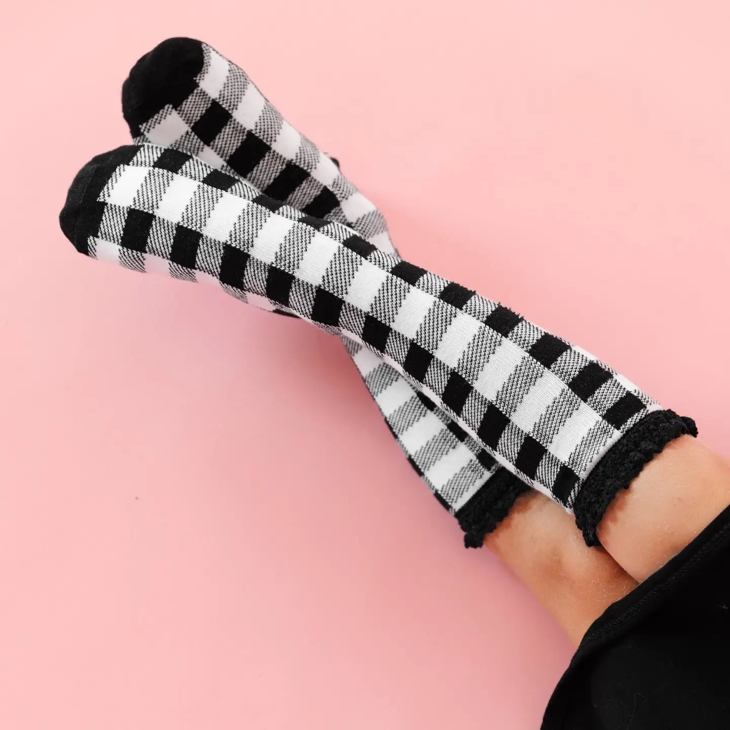 Buffalo Plaid Lace Top Knee High Socks