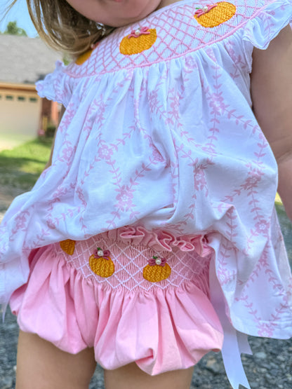 Pink Pearl Hand Smocked Pumpkin Diaper Set