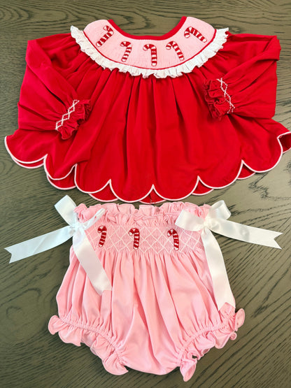 Hand Smocked Candy Cane Diaper Set