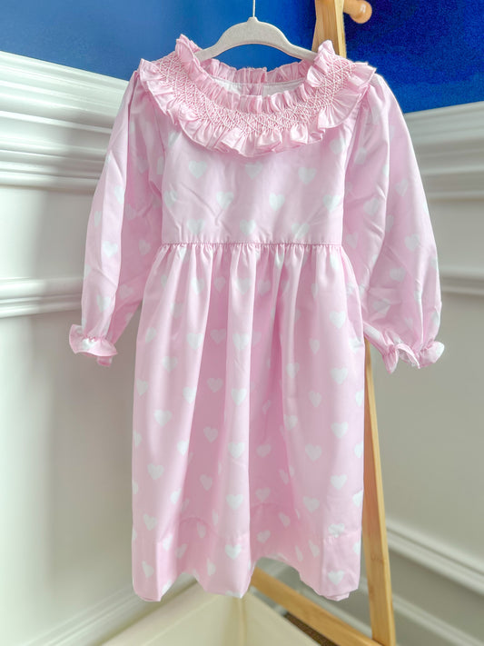 Hand Smocked Pink and White heart dress with back tie Vday