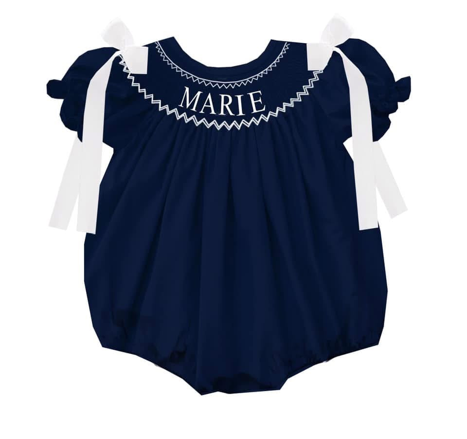 Preorder - Navy Hand Smocked Custom Name / Ships early Oct