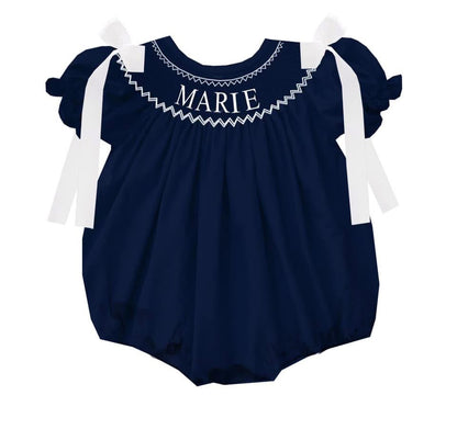 Preorder - Navy Hand Smocked Custom Name / Ships early Oct