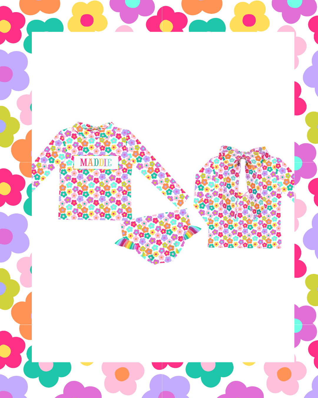 Preorder - Custom Name Multi Colored Flower Two Piece Long Sleeve Swim (Ships from CT to customers early March)