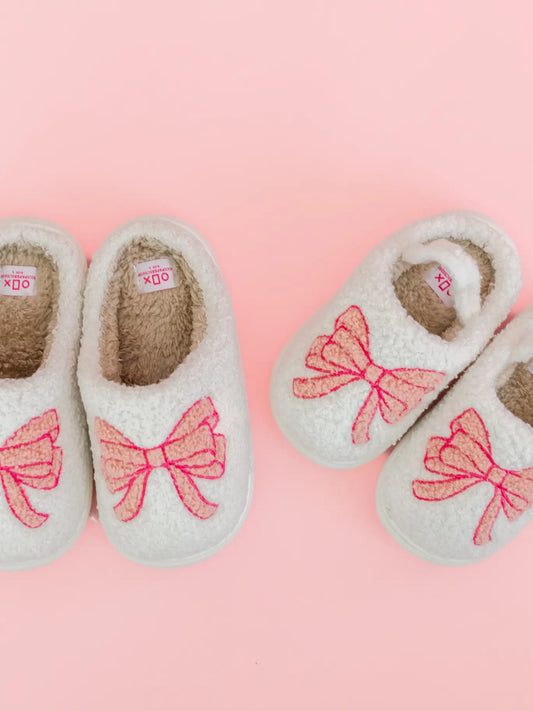 Kids Fuzzy Plush Slippers with Pink Bow