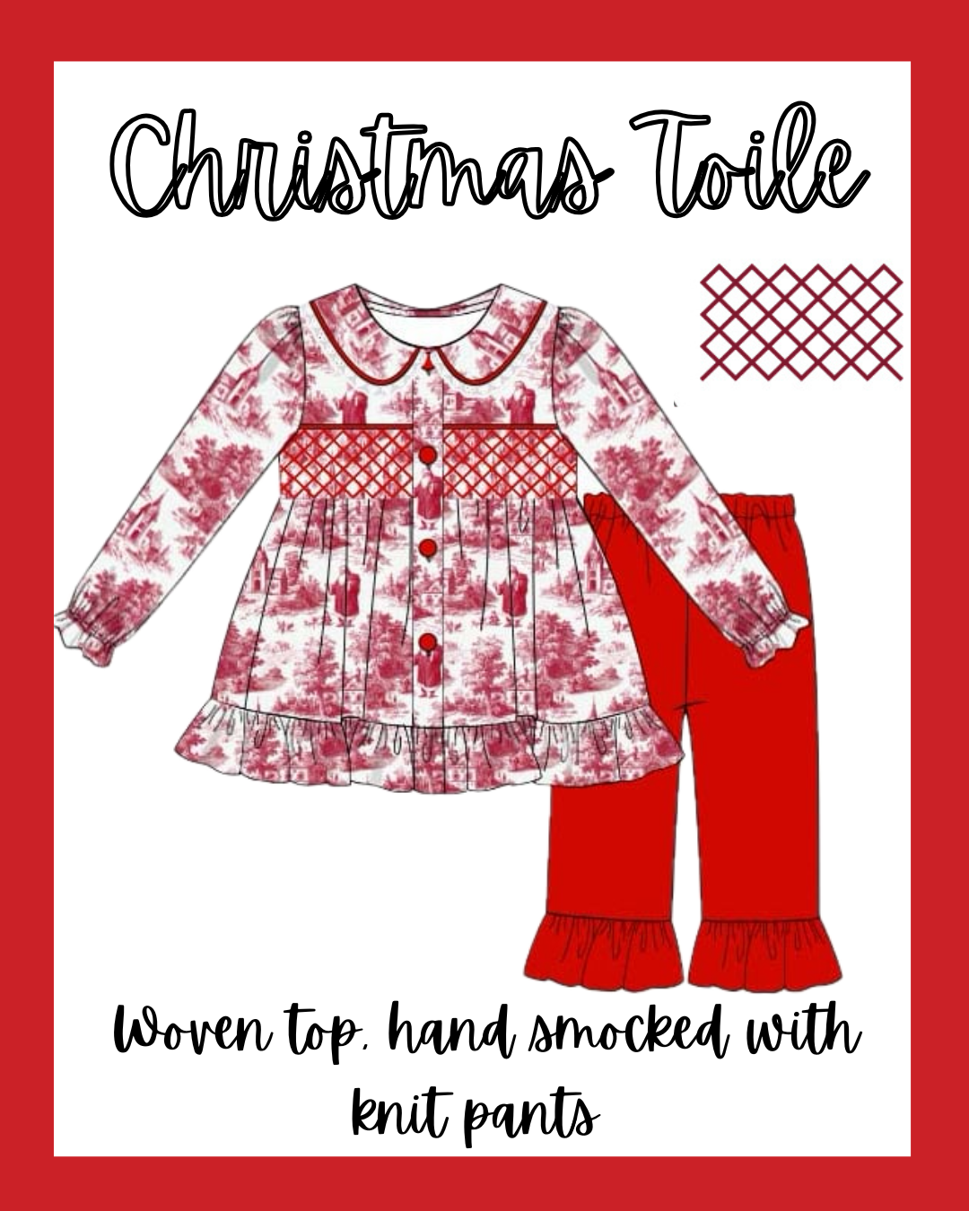 Hand Smocked Red Christmas Toile Pant Set
