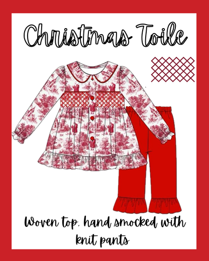 Hand Smocked Red Christmas Toile Pant Set