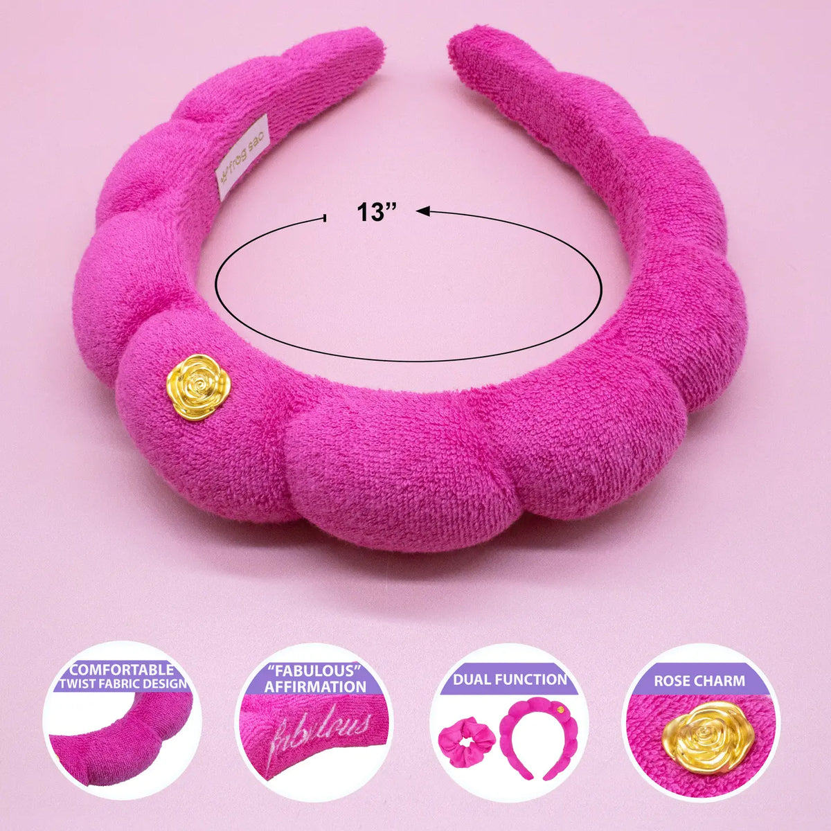 Spa Headband - Skincare Headband & Scrunchie Wristband Set HOT PINK