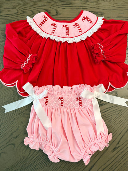 Hand Smocked Candy Cane Diaper Set