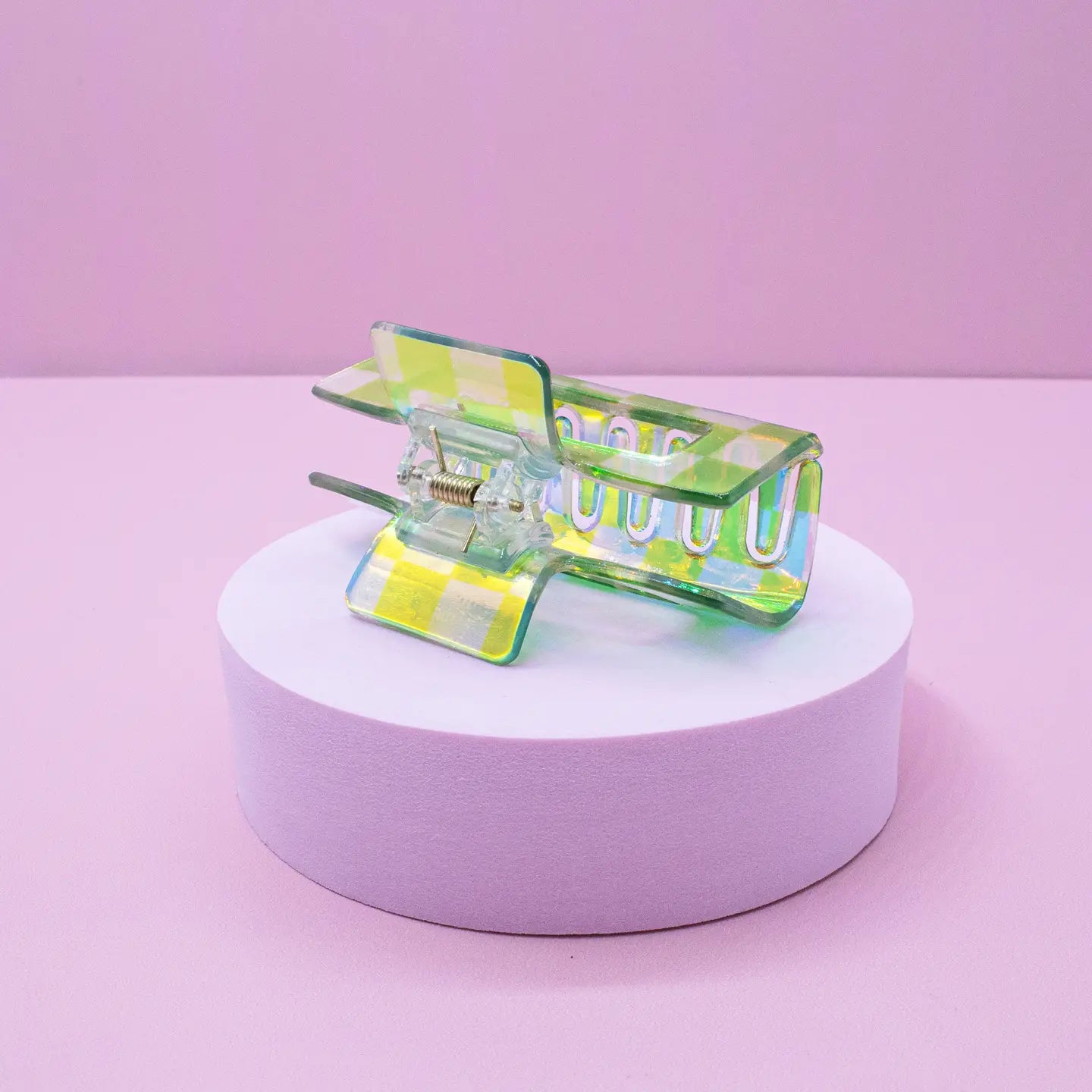 Medium Square Iridescent Checkered Hair Claw Clip