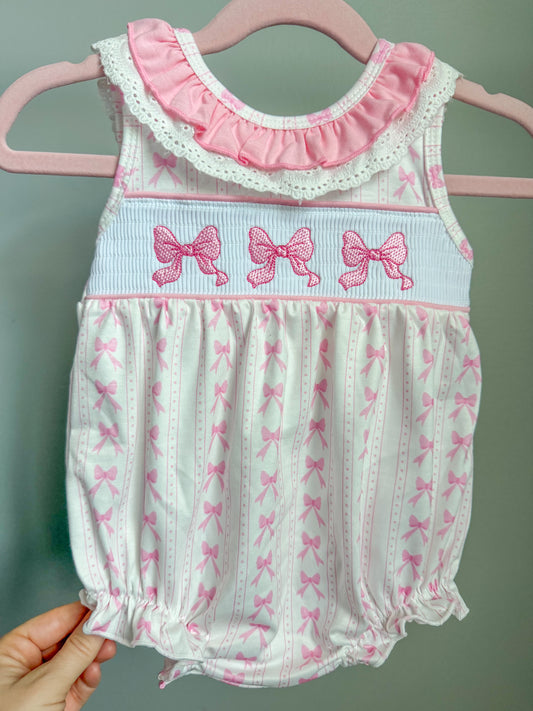 Machine Smocked Pink Bow Bubble