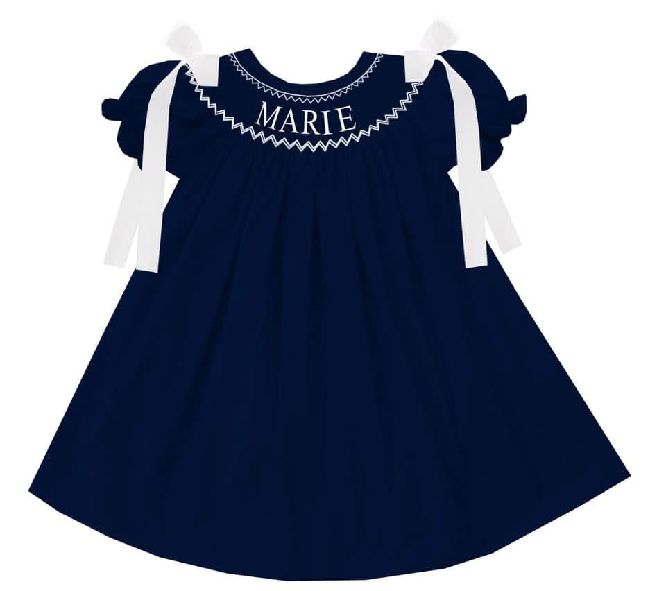 Preorder - Navy Hand Smocked Custom Name / Ships early Oct