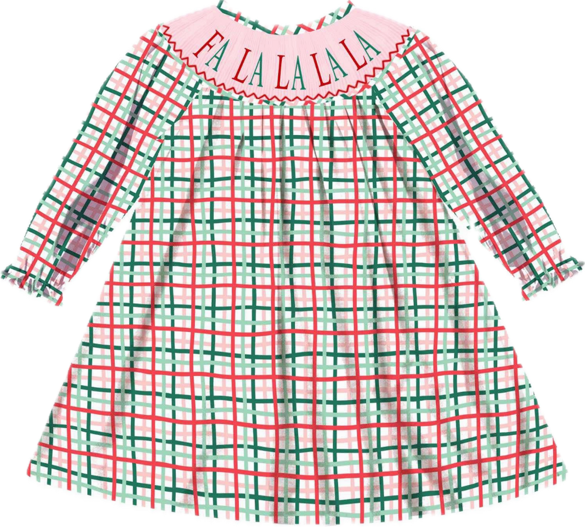 Preorder - Hand Smocked Christmas Plaid FA LA LA LA LA / Ships early Oct