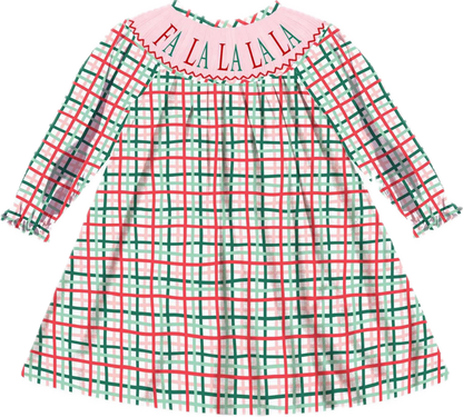 Preorder - Hand Smocked Christmas Plaid FA LA LA LA LA / Ships early Oct
