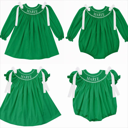 Preorder - Green Hand Smocked Custom Name / Ships early Oct