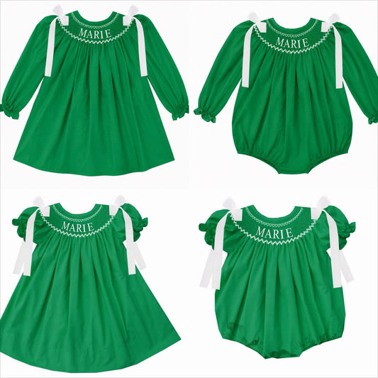 Preorder - Green Hand Smocked Custom Name / Ships early Oct