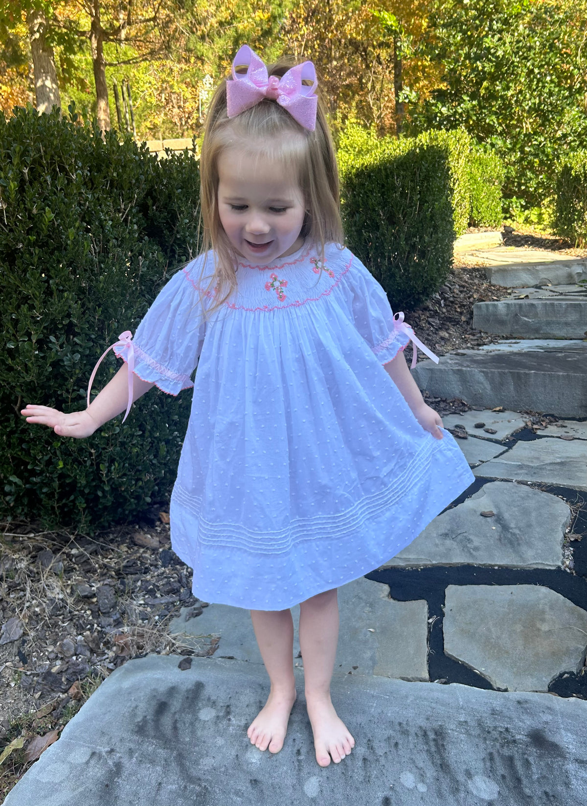 Hand Smocked White Swiss Dot Cross Dress