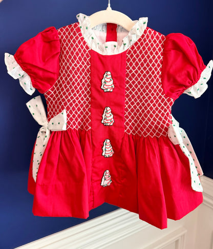 Hand Smocked Red Christmas Tree Cake Pant Set