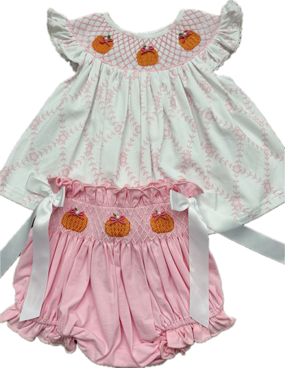 Pink Pearl Hand Smocked Pumpkin Diaper Set