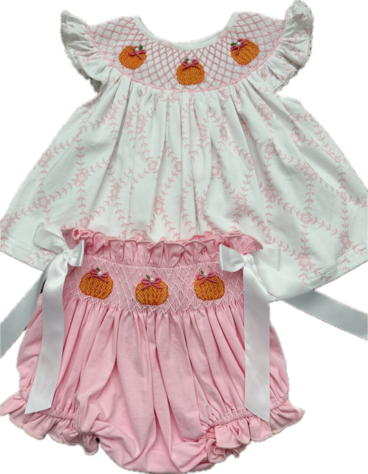 Pink Pearl Hand Smocked Pumpkin Diaper Set