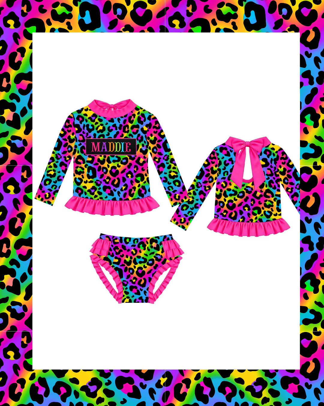 Preorder - Custom Name Multi Colored Leopard Two Piece Long Sleeve Swim (Ships from CT to customers early March)