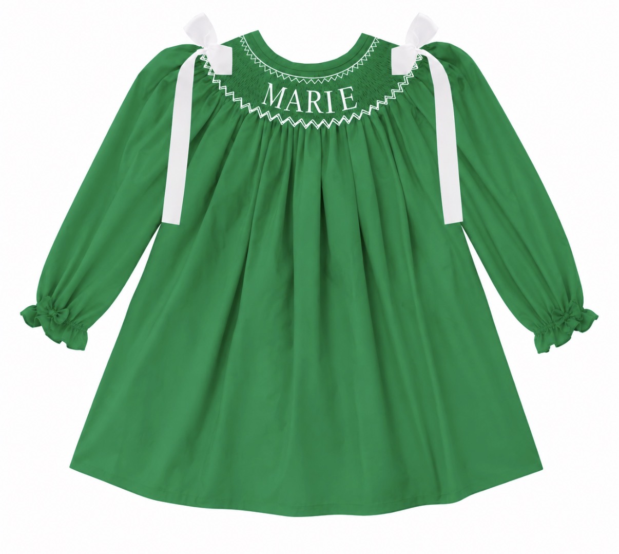Preorder - Green Hand Smocked Custom Name / Ships early Oct