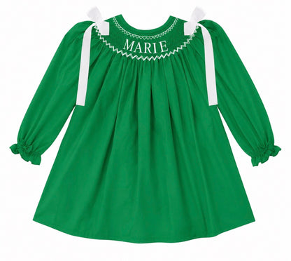 Preorder - Green Hand Smocked Custom Name / Ships early Oct