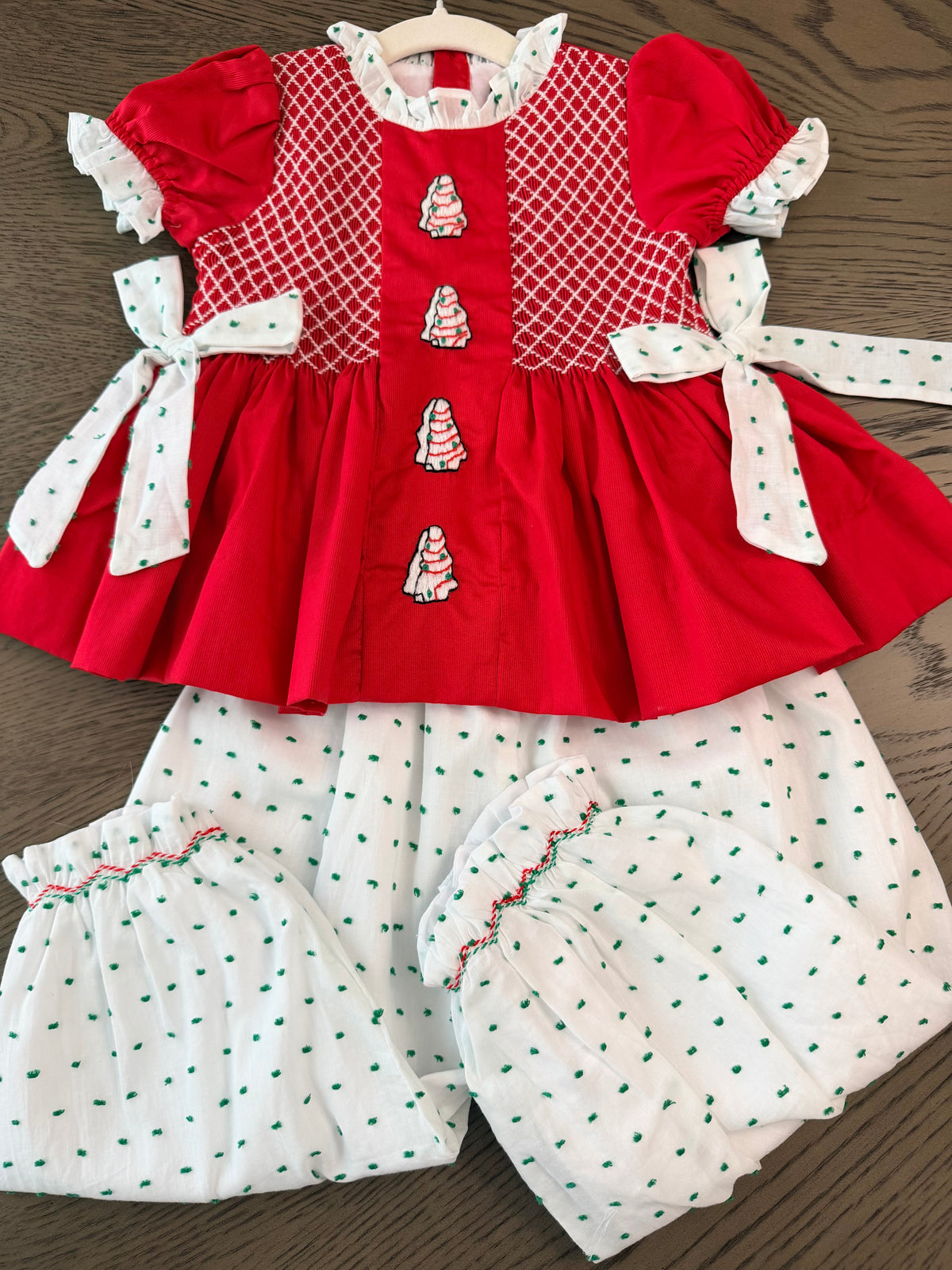 Hand Smocked Red Christmas Tree Cake Pant Set