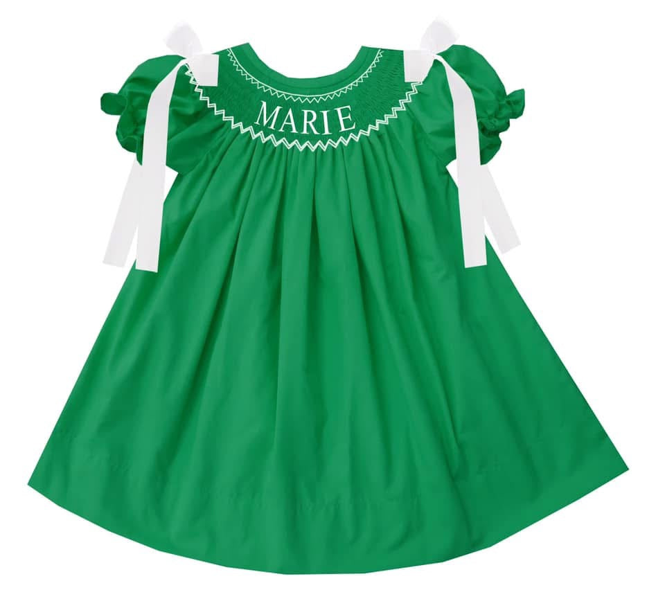 Preorder - Green Hand Smocked Custom Name / Ships early Oct