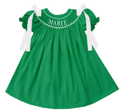 Preorder - Green Hand Smocked Custom Name / Ships early Oct
