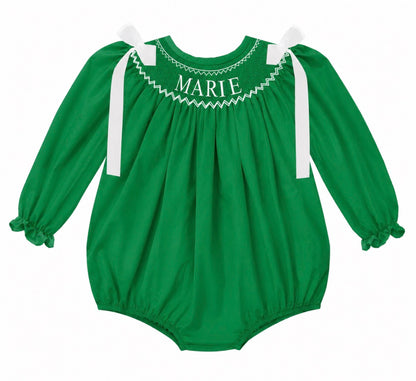 Preorder - Green Hand Smocked Custom Name / Ships early Oct