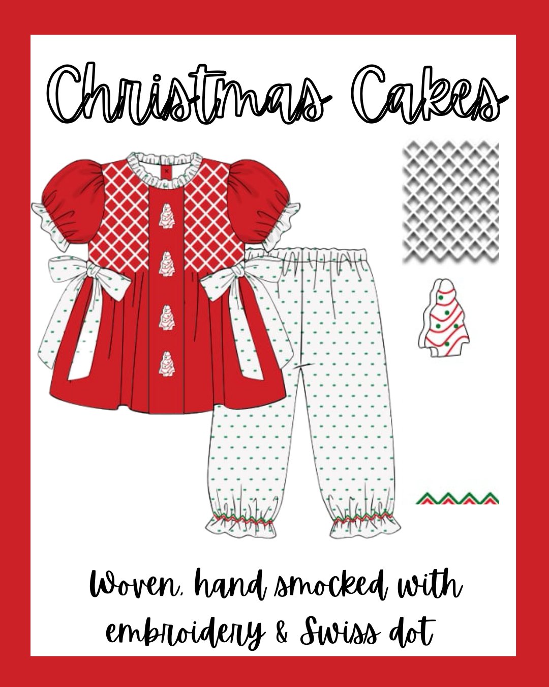 Hand Smocked Red Christmas Tree Cake Pant Set