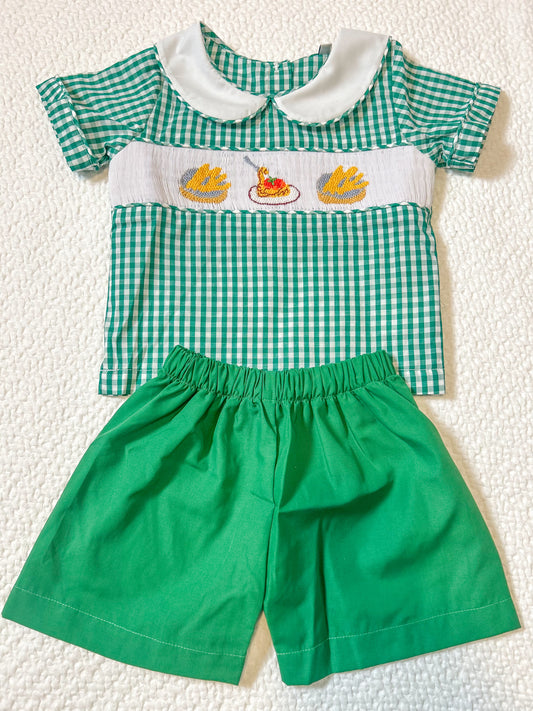 Green Plaid Hand Smocked Boys Short Set